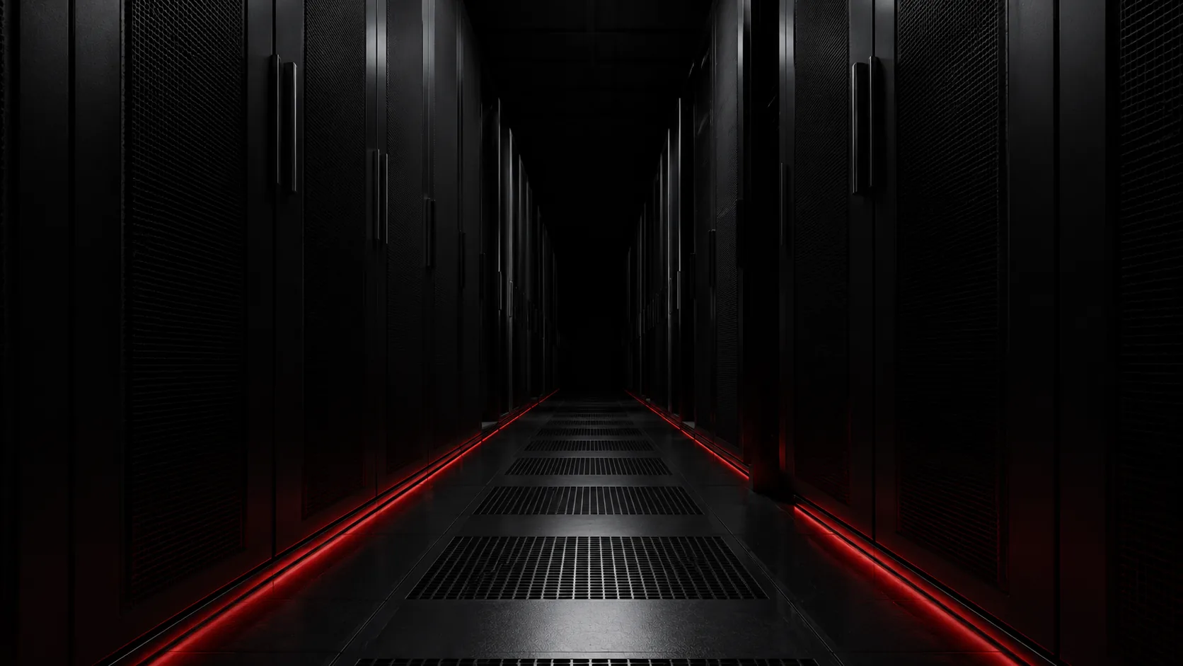 Edge Cloudflare globale: corridoio datacenter con strip LED brace